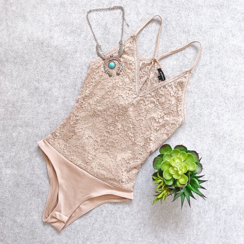 Beige Lace Bodysuit Top